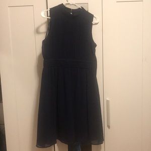 Mock Neck Navy Dress w/ pin tuck waistband detail